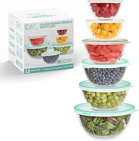 COOK WITH COLOR 12 Pc Glass Mixing Bowl Set with Lids – Borosilicate Glass Nesting Bowls for Cooking, Baking and Meal Prep, Mint