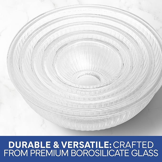 COOK WITH COLOR 12 Pc Glass Mixing Bowl Set with Lids – Borosilicate Glass Nesting Bowls for Cooking, Baking and Meal Prep, Fluted Blue