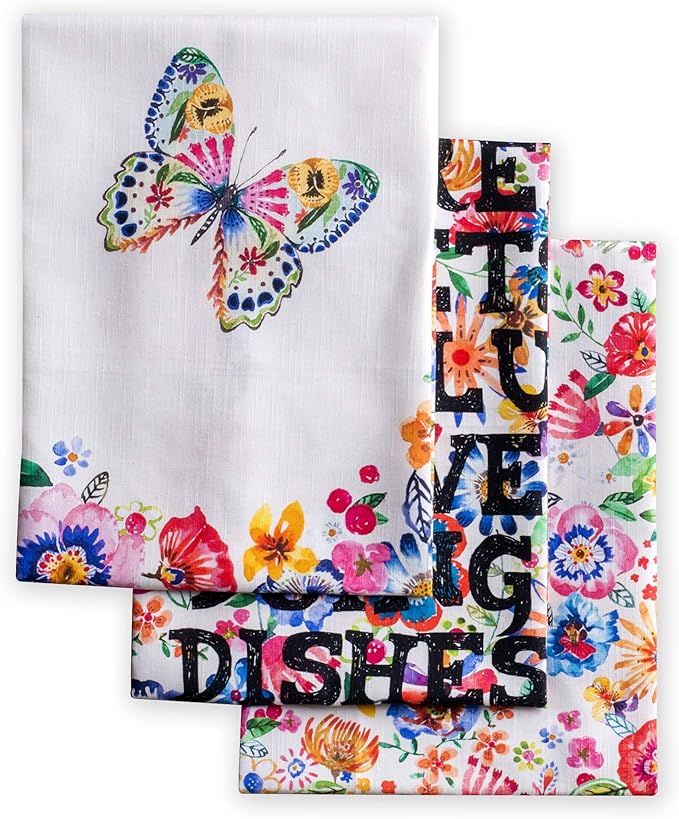 Maison d' Hermine Kitchen Towels Set of 3 100% Cotton 27.50" x 20" Reusable Cloth Tea Dish Towels Absorbent with Hanging Loop for Kitchen, Cocktail Parties Spring/Summer (Happy Florals - High Summer)