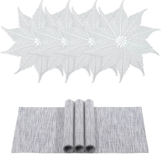 BACKTOEDEN Placemats Set of 4 Heat Resistant Washable Wipeable Placemats Woven Non-Slip Foldable Vinyl/Plastic Placemat Indoor/Outdoor Place Mats Kitchen Dining Table Mats, Silver Maple Leaf & Gray
