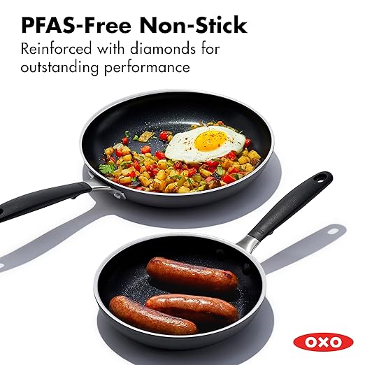 OXO 8” & 10” Non-Stick Every Day Frying Pan Set, BPA-Free Comfort Grip Silicone Handles, Dishwasher & Oven Safe, PFAS-Free Ceramic Skillets, Black
