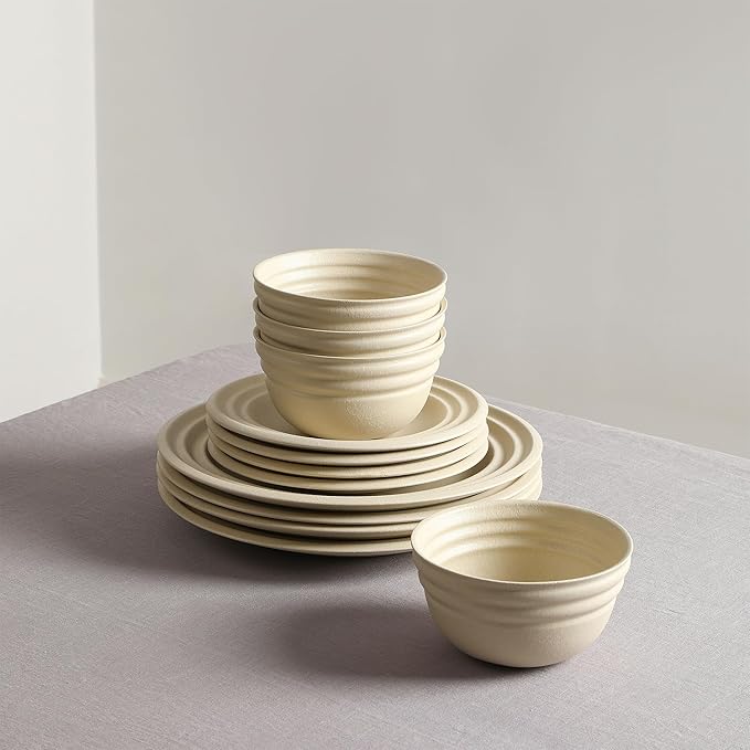 Stone Lain Zen Stoneware 24-Piece Dinnerware Set, Service for 8, Beige, Includes Salad & Dinner Plates, Bowls, Textured Sand Finish, Microwave & Dishwasher Safe