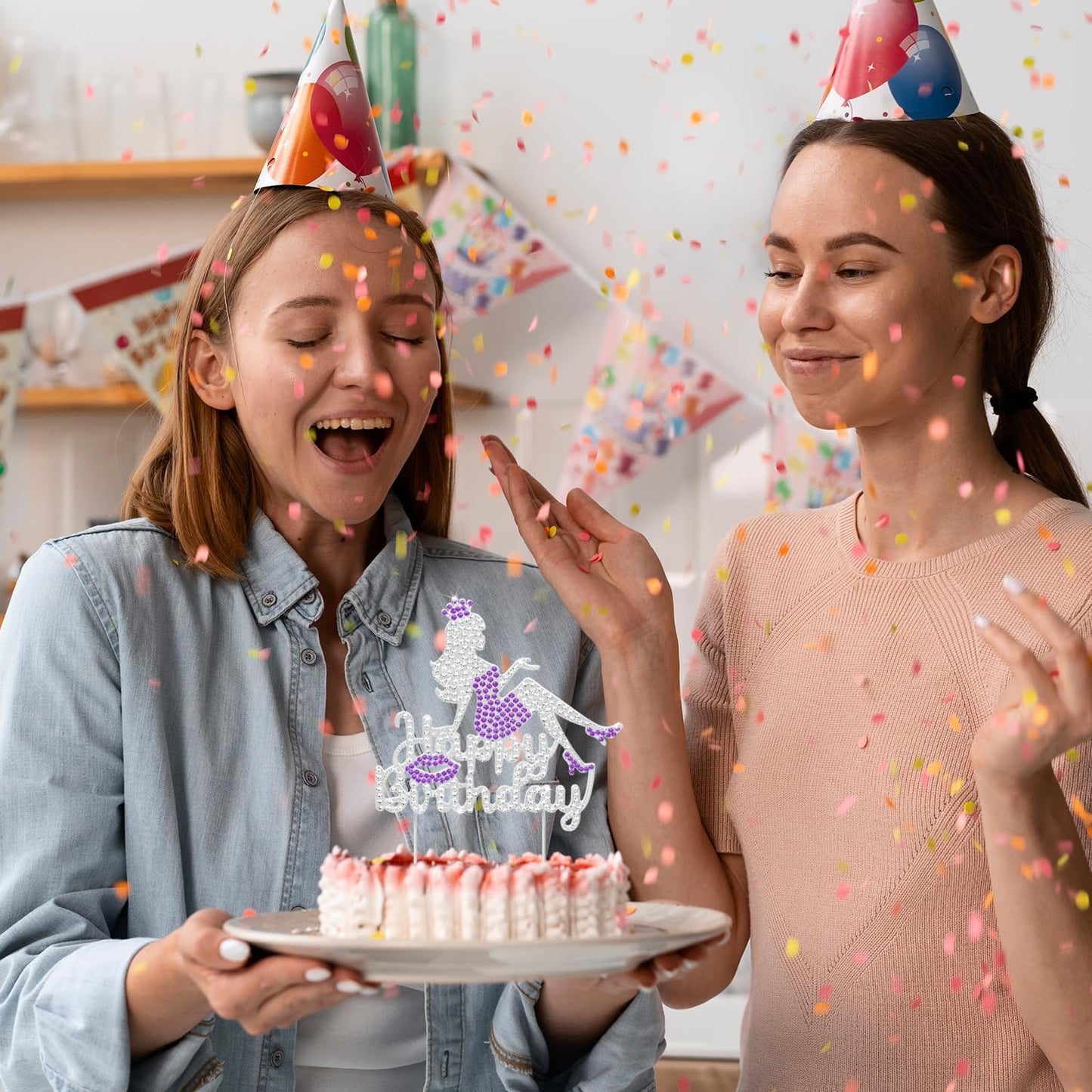 LINGTEER Happy Birthday Crown Queen Lady Rhinestone Cake Topper - Cheers to Makeup Spa Birthday Party Cake Centerpieces Decorations Gift Sign - Purple