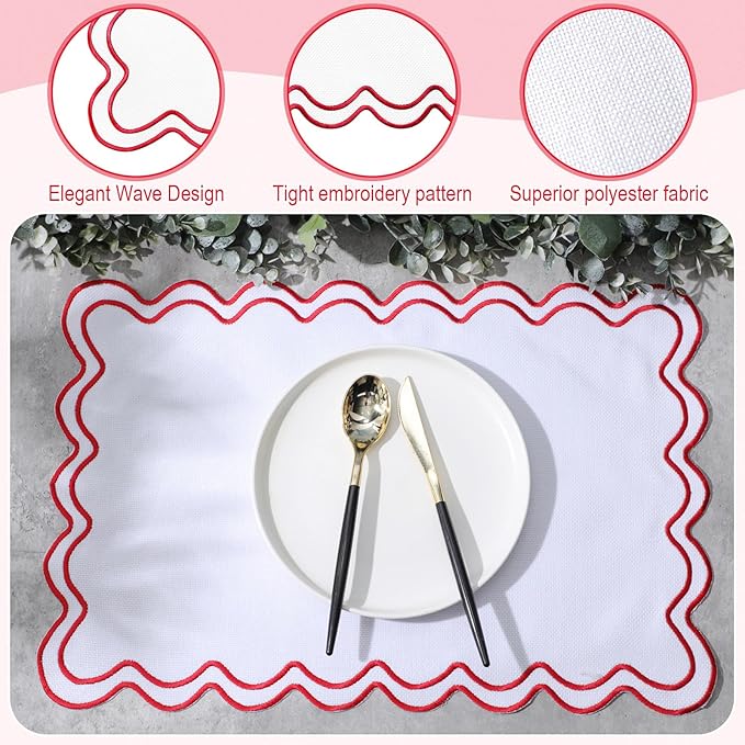 12 Set Linen Placemat 13x19 Wavy Embroidery Scalloped Placemat Double Layered Washable Farmhouse Dinner Table Mat Fabric Napkin for Christmas Hotel Restaurant Wedding Party(White&red)