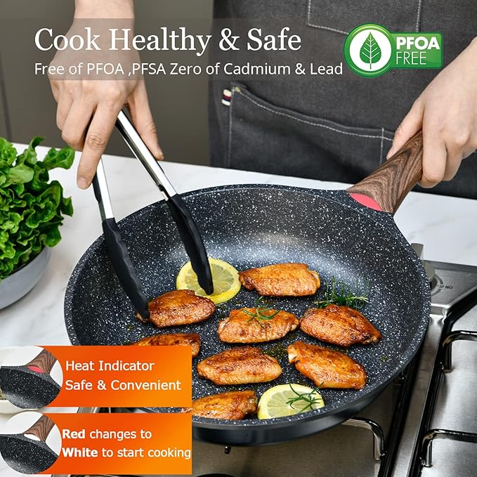 Nonstick Frying Pan Skillet with Lid, 12 in No Stick PFOA-Free Granite Coating Chef's Pan, Large 30 cm Cooking Pans for Family, Gift Cookware Set for Gas Stove, Induction Top