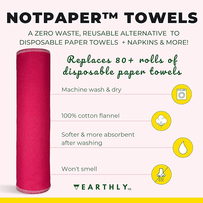 Reusable Paper Towels - 10 Pack - Roll of Washable Cotton Cloth Paper Towels - Paperless Reusable Napkins Cloth Washable - Absorbent + Long Lasting - Zero Waste Products - (Pink Power)