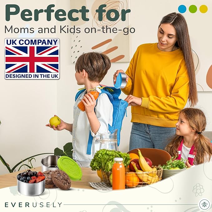 Everusely - Stainless Steel Food Containers - 3 Pack, Summer - Lunch Box - Snack Containers for Office, Home Food Storage - Leakproof with Silicone Lids - Dishwasher & Freezer Safe