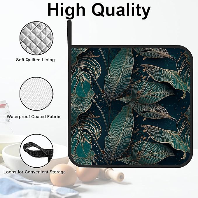 Golden Palm Leaf Pot Holders Set of 2 - Heat Resistant Oven Hot Pads for Cooking, Baking, BBQ - Gifts for Women