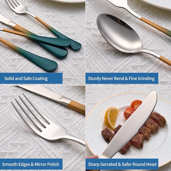 20-Piece Green and Orange Silverware Set, 18/0 Stainless Steel Colorful Handle Flatware Set,Service for 4,Modern Cutlery Set Includes Dinner Knives Forks Spoons,Mirror Polished,Dishwasher Safe