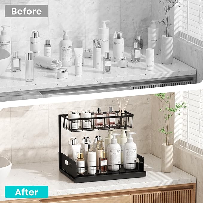 FUNFERY 2 Pack Under Sink Organizers and Storage,Pull-Out Cabinet Organizer,Under Kitchen Sink,Cabinet,Bathroom Organizers and Storage,L Shaped Pantry Organizer for Kitchen Storage Organization,Black