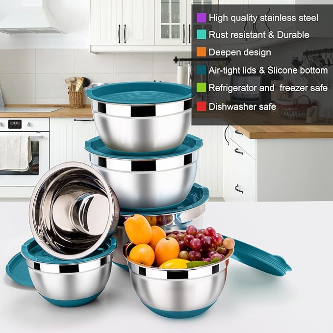 LIANYU Stainless Steel Nesting Mixing Bowls Set of 6, Size 7, 3.5, 2.5, 2, 1.5, 1QT, Large Metal Bowls for Cooking, Baking, Food Storage, Non-slip Bottom & Airtight Lids, Dark Blue