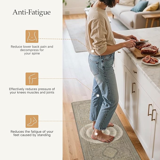 GENIMO Kitchen Mats for Floor 2PCs, Washable Anti Fatigue Mat for Cushioned, 17.3"x59"+17.3"x30", Waterproof Kitchen Rugs, Non Slip Comfort Standing Mat Rug for Home, Sink, Laundry, Sage