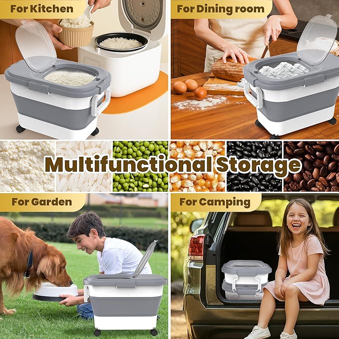 HOYTAMDA 20-30Lbs Rice Container,Collapsible Airtight Food Storage Containers with Wheels,Handle,Rice Storage Container with Small Bin and Scoop,Rice Dispenser for Flour Sugar Cereal Grain Dog Cat