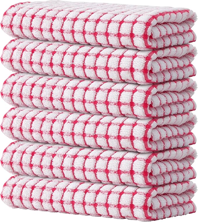 Kitinjoy Cotton 6 Pack Terry Kitchen Towels, 16 x 25 Inches Super Soft and Absorbent Dish Towels, Quick Drying Hand Towels for Kitchen Drying, Red