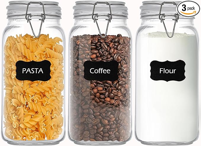 Airtight Glass Canister with Lids 78oz Food Storage Jar Square - Storage Container with Clear Preserving Seal Wire Clip Fastening for Kitchen Canning Flour, Cereal, Pasta, Sugar, Beans