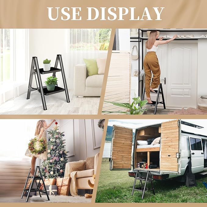 HBTower Step Ladder, Step Ladder Folding Step Stool, Portable Sturdy Steel Ladder Stool for Adults with Anti-Slip Wide Pedals Home Outdoor Kitchen, Black