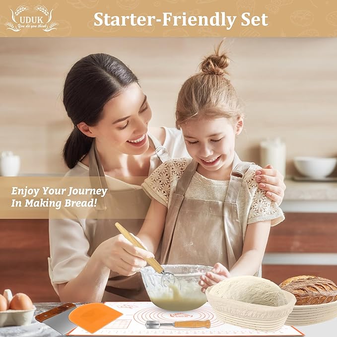 Sourdough Starter Kit - Bread Proofing Basket Set with 9.6" Oval Banneton Baskets x2, Silicone Bread Sling Baking Mat, Whisk Cutter Scraper Lame - Ideal Sourdough Bread Baking Supplies