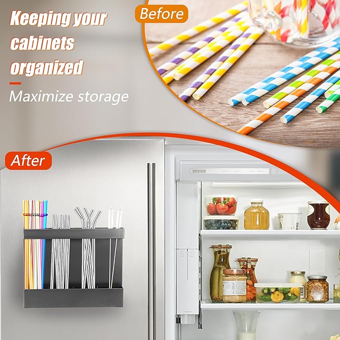 Magnetic Straw Organizer for Cabinet Door – Carbon Steel Straw Holder with Drain Holes, 4-Compartment Utensil Storage Rack for Reusable Straws, Spoons, and Coffee Bar Accessories