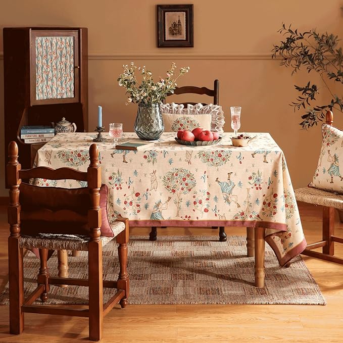 patdrea Designer Beige Tablecloth for Rectangle Tables,Vintage Elegant French Linen with Trees and Kids Pattern Table Cloth,Farmhouse Table Cover Cloth Decor for Kitchen Dining Christmas,55"*87"