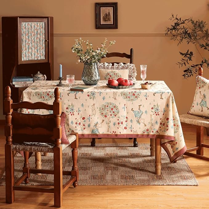 patdrea Designer Beige Tablecloth for Rectangle Tables,Vintage Elegant French Linen with Trees and Kids Pattern Table Cloth,Farmhouse Table Cover Cloth Decor for Kitchen Dining Christmas,55"*79"