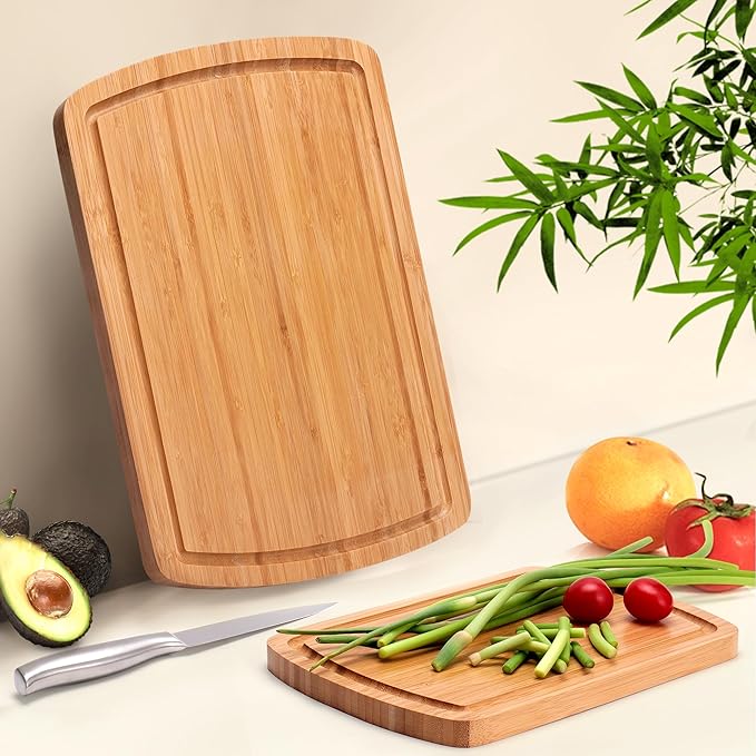 Bamboo Cutting Board Set of 2 - Double-Sided Cutting Board with Juice Groove for Kitchen, Bamboo Serving Board Chopping Board for Meat, Vegetables and Cheese