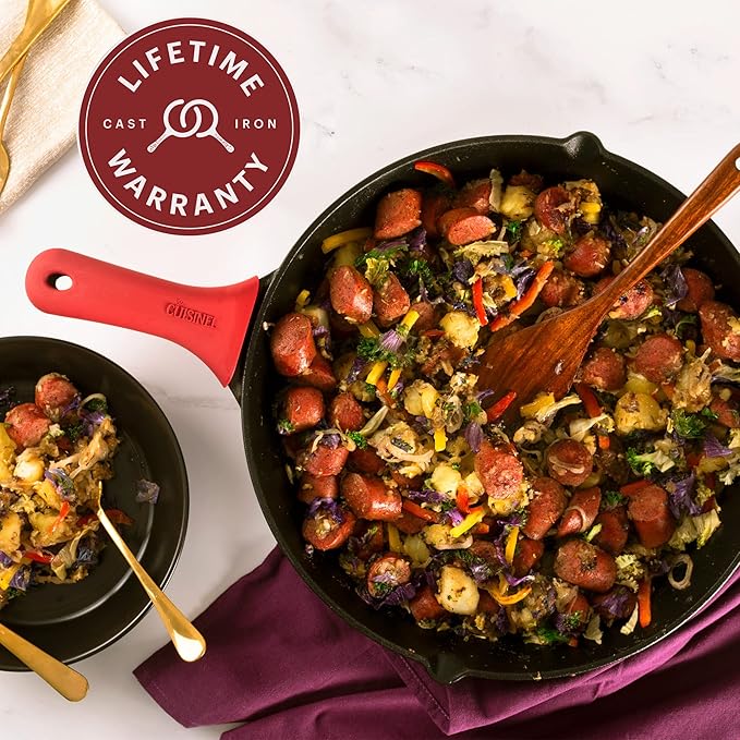 Cuisinel Cast Iron Skillet with Glass Lid Cover - Large 15"-inch Frying Pan + Red Scraper + Silicone Handle Grip - Pre-seasoned Kitchen Cookware - Indoor/Outdoor - Camping, Grilling, BBQ, Oven Use