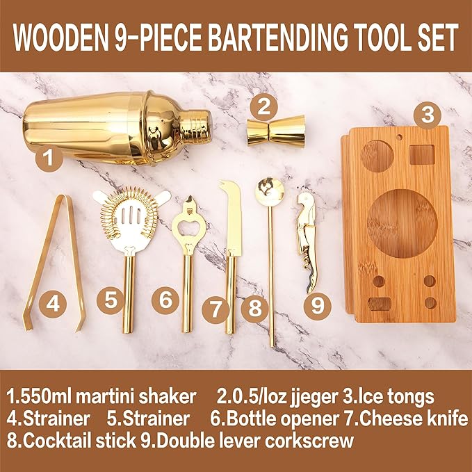 9Pcs-Cocktail Shaker Set Bartending Kit Cocktail Bar Set Cocktail Mix Drink Making Kit Professional Bar and Home Drink Bar Tools for Bartender (Gold, 9Pcs)