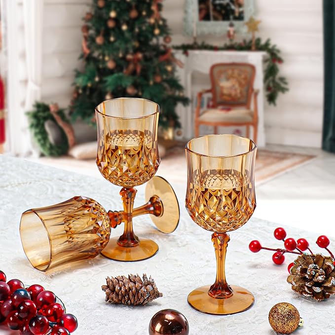XUWAIDSGN 7oz Plastic Vintage Wine Glasses Drinking Glasses Unbreakable Wedding Glassware Crystal Water Goblets Reusable Drinkware Vintage Champagne Flutes (48, Brown)
