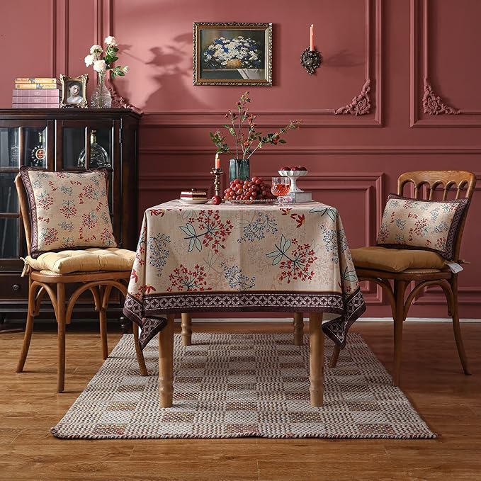 patdrea Designer Floral Linen Table Cloth Durable Breathable Tabletop Cover Dacorative Kitchen Dining Tablecloth for Rectangular Tables for Kitchen Dining Parties,Holiday,Christmas,63"x 110"