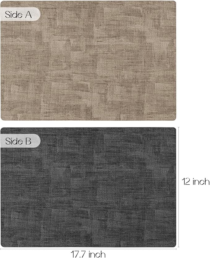 Romanstile Reversible Vinyl Placemats Set of 4, Faux Leather 100% Waterproof Oil-Proof Wipeable Place Mats, Heat Resistant Dual Sided Table Mats for Kitchen/Dining/Party (Grey Khaki, 12 x 17 Inch)
