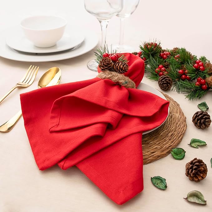 Blue Needles Solid Cloth Napkins Set of 12 Red 100% Cotton Dinner Napkins 18x18 inches - Soft, Reusable, Absorbent & Washable Fall Thanksgiving Linen, Ideal for Events, Parties & Everyday Use