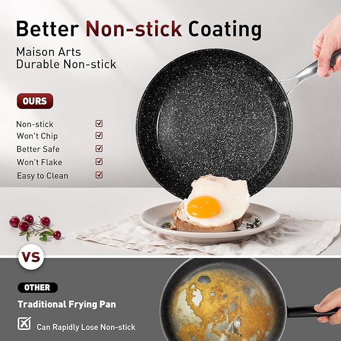 MAISON ARTS Hard Anodized Nonstick Frying Pans Set 2 Piece, 10" and 12" Ceramic Coating Skillets with Stainless Steel Handle, Induction Compatible