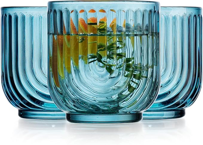 Glaver's Double Old Fashioned Rock Glasses, Set of 4 Blue Whiskey Glasses, 11 oz Art Deco U-Shape Design Embossed Everyday Home Bar Glassware. Art Deco Elegant Kitchen Drinking Glasses.