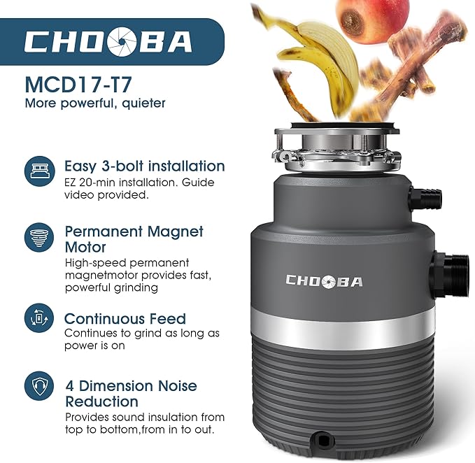 Garbage Disposal 1HP, Food Waste Disposal Continuous Feed, Garbage Disposal with Power Cord, Light Gray