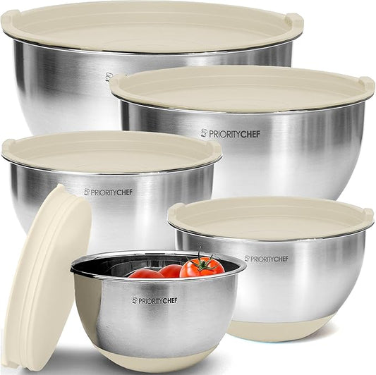 Priority Chef Premium Mixing Bowls With Lids Set, Airtight Lids, Thicker Stainless Steel, Non-Slip Base, 5 Nesting Steel Bowls for Kitchen, Large Prep Metal Bowl Set 1.5/2/3/4/5 Qt, Khaki
