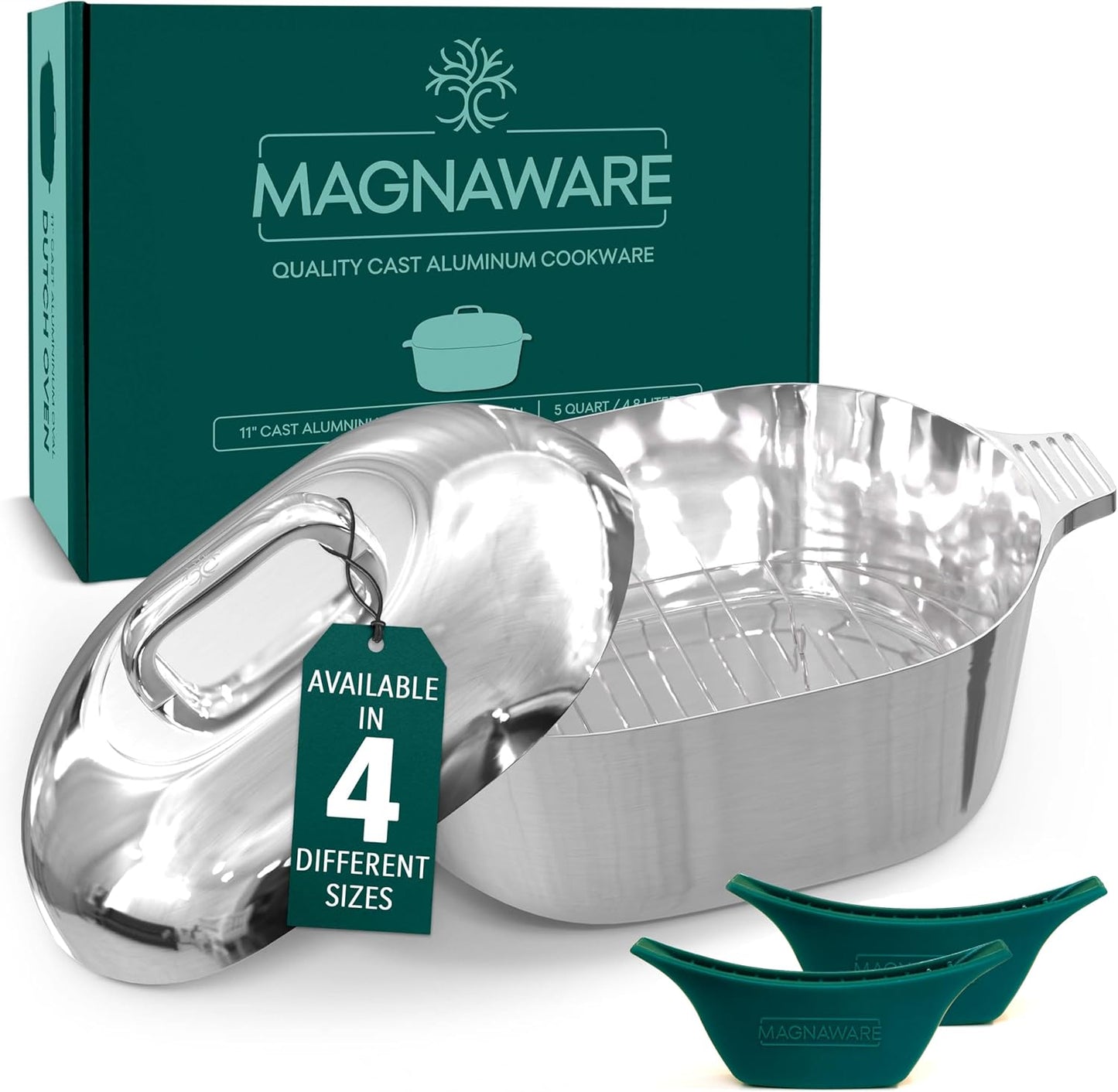 Cast Aluminum Oval Dutch Oven with Lid — 5 QT Heavy Duty Roaster Pan with Rack & Silicone Cover Dual Handles — Cajun Cookware for Roasting, Baking, Cooking (11" Small)