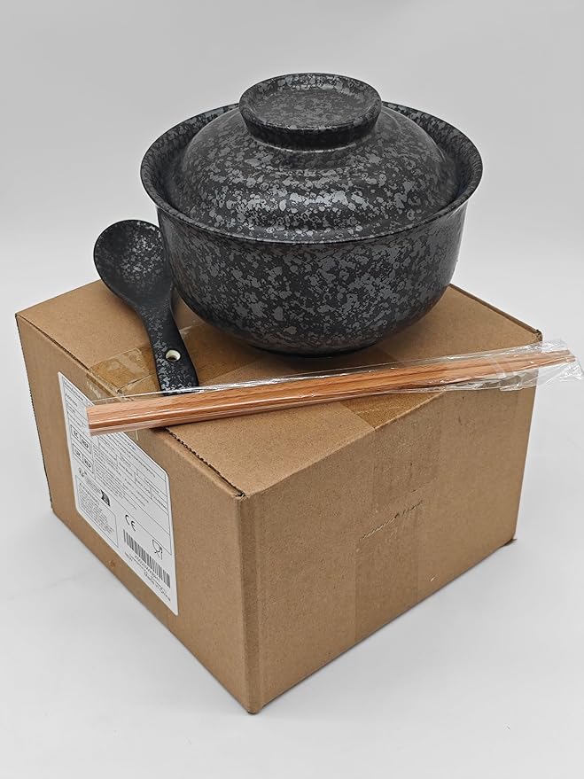 Ceramic Ramen Bowl Set, 800ml, with Lid, Spoon and Chopsticks, Japanese Vintage Large Soup Bowls Instant Noodle Bowl Asian Tableware (Black*1)