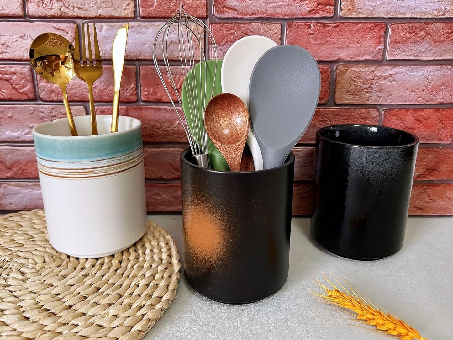 Medium Stoneware Kitchen Utensil Holder for Kitchen Counter Short Cooking Utensil Holder for Countertop Spatula Holder Small Utensil Crock Cutlery Holder Silverware Caddy Flower Vase (Firework)