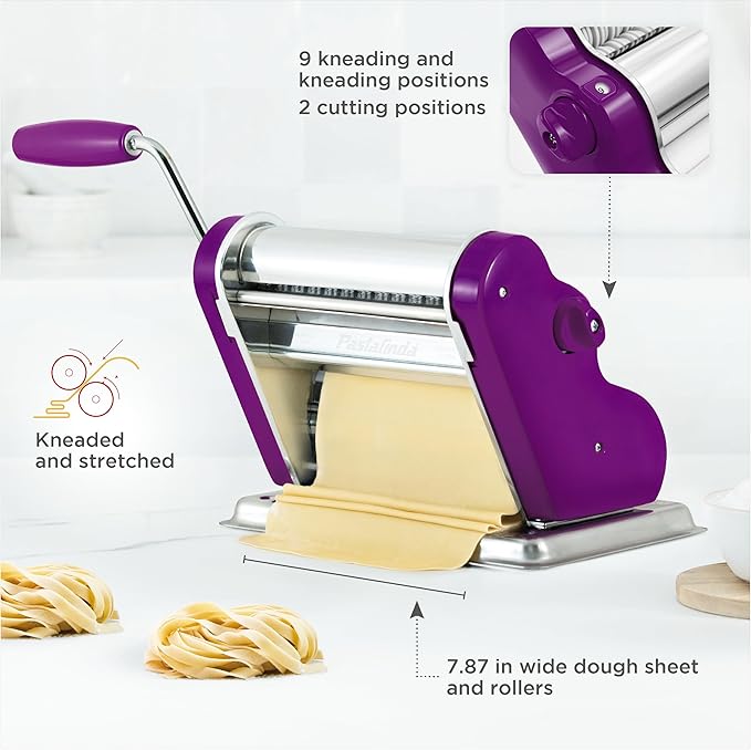 PASTALINDAClassic 200 Pasta Maker Machine, 20 cm Wide Rollers, 9 Thickness Positions, 2 Cutting Positions, Stainless Steel. Includes Reinforced Hand Crank And Two Clamps
