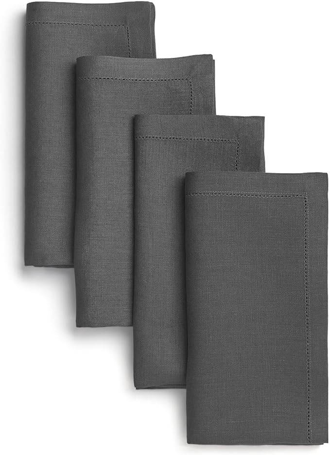D'Moksha Homes Charcoal Grey Linen Napkins Set of 4 - Classic Hemstitch 100% Pure Linen Hemstitch Dinner Napkins 20 x 20 Inch for Thanksgiving, Holiday - Handcrafted and Machine Washable