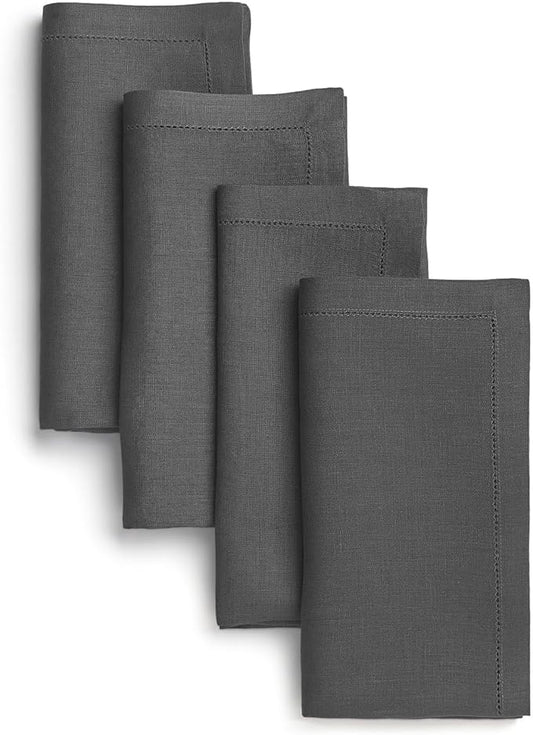 D'Moksha Homes Charcoal Grey Linen Napkins Set of 4 - Classic Hemstitch 100% Pure Linen Hemstitch Dinner Napkins 20 x 20 Inch for Thanksgiving, Holiday - Handcrafted and Machine Washable