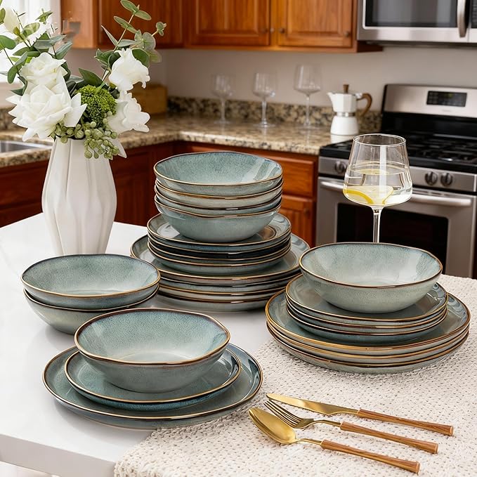 AmorArc Ceramic Dinnerware Sets,Handmade Reactive Glaze stoneware Plates and Bowls Sets,Highly Chip and Crack Resistant | Dishwasher & Microwave Safe,Service for 4 (12pc)