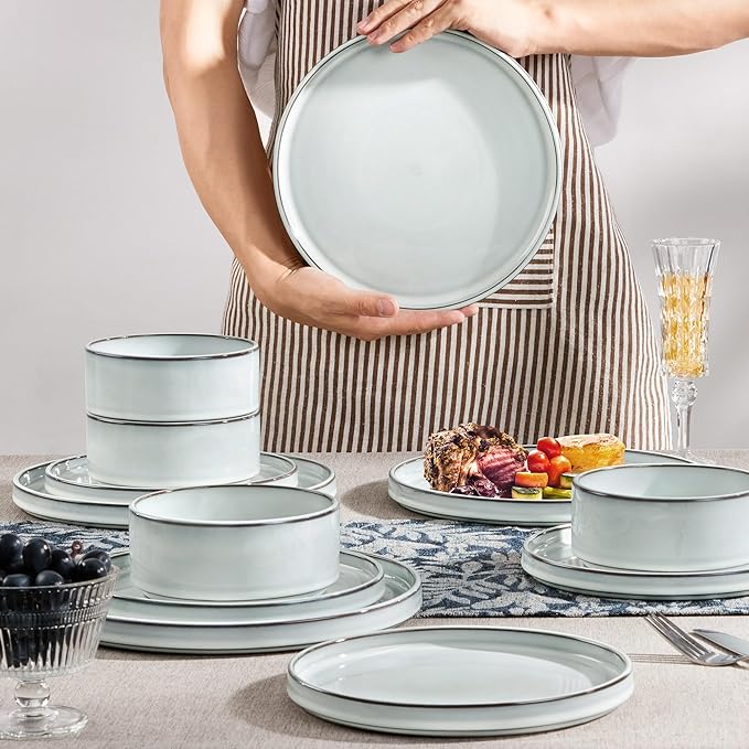 Herogo 12 Pieces Stoneware Dinnerware Set for 4, Ceramic Dinner Dishware Sets for Home Kitchen, Plates and Bowls with Rustic Terracotta Bottom, Dishwasher & Microwave Safe, Icy White