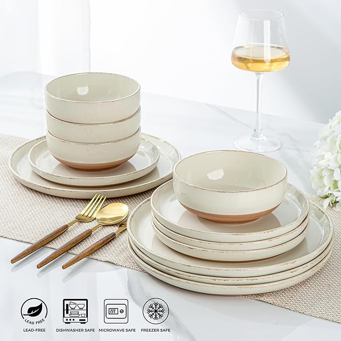 AmorArc 24 Pieces Ceramic Dinnerware Sets for 8, Handpainted Stoneware Plates and Bowls Set with Rustic Terracotta Underside, Scratch Resistant Dishes Set, Dishwasher & Microwave Safe