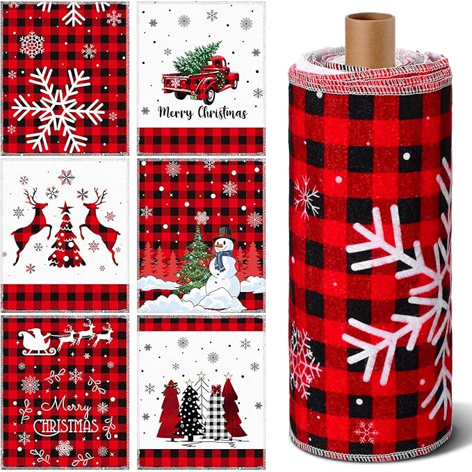 36 Pcs Christmas Reusable Paper Towels Rolls Washable Bulk Christmas Snowman Snowflake Winter Red Plaid Dish Towels Paperless Reusable Cloth Cotton Napkin with Cardboard for Kitchen Bathroom