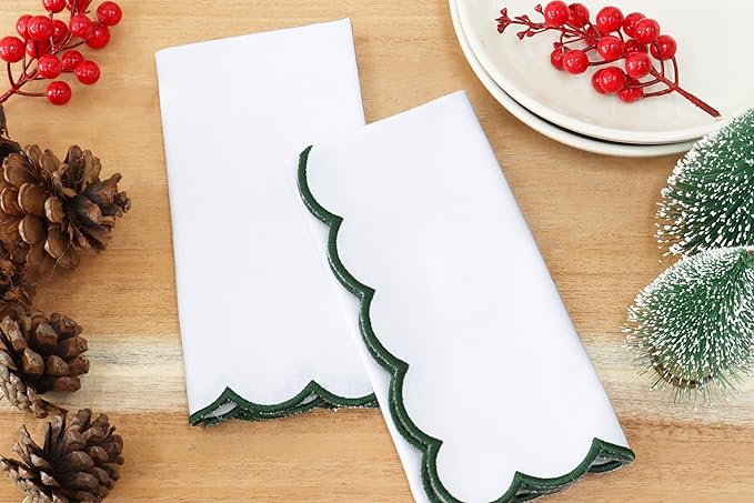 PurpleEssences Scalloped Embroidery Cloth Napkins Christmas Holiday Winter Table Decor 100% Cotton Set of 4-18 x 18 inch - White - Edges - Forest Green