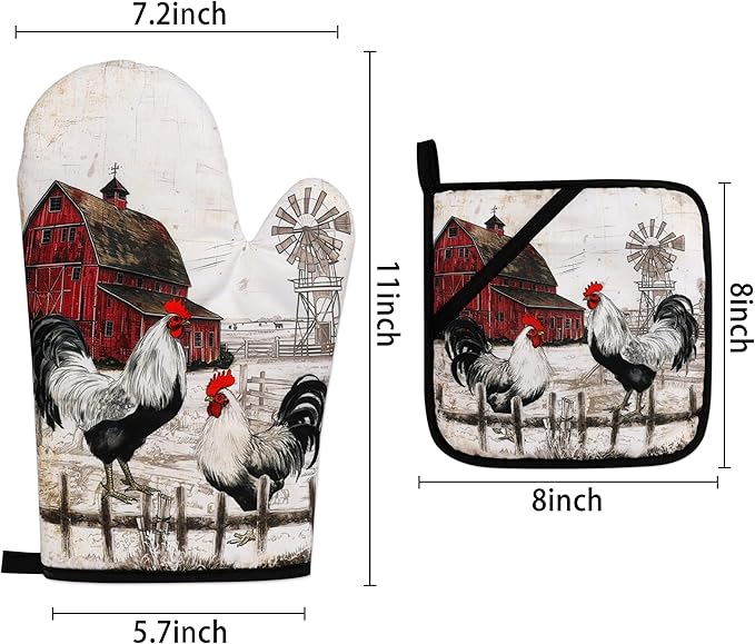 Rooster Print Oven Mitts and Pot Holders Sets of 4 Rustic Chicken Kitchen Mitts Potholders Heat Resistant Farmhouse Cute Oven Gloves Hot Pads for Chicken Kitchen Decor