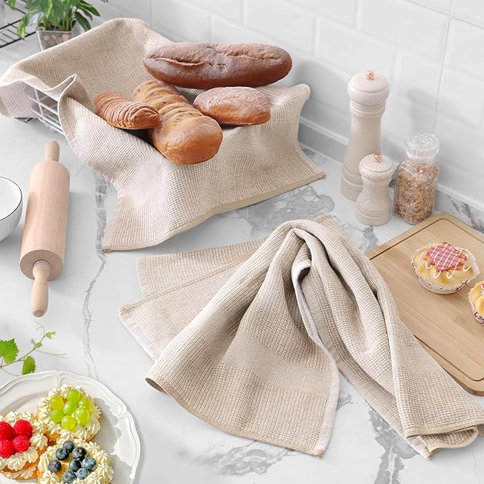 Homaxy Premium Kitchen Towels(18”x 28”, 6 Pack), Large Cotton Kitchen Hand Towels, Flat and Terry Dish Towels, 380 GSM Highly Absorbent Tea Towel Set with Hanging Loop, Grey/Khaki/Black