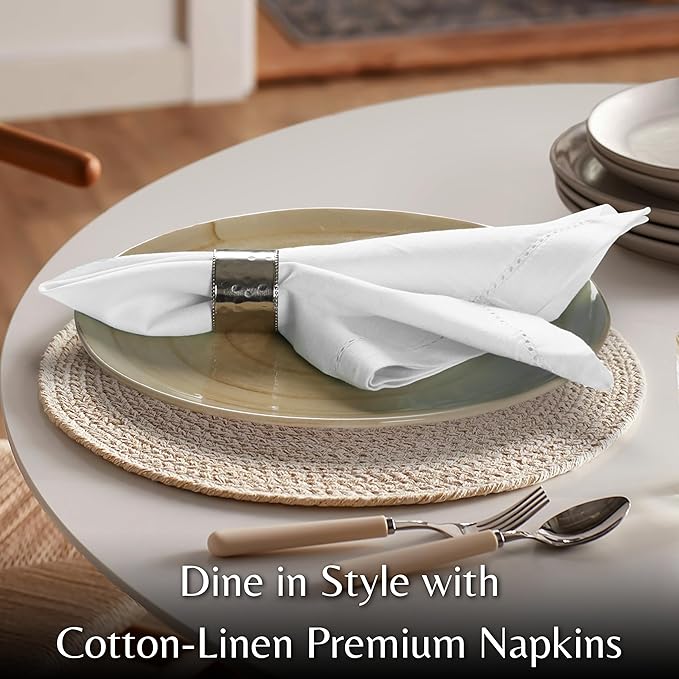 Ramanta Home White Cloth Dinner Napkin Set of 12-18x18 Inch, Premium Cotton Linen Flax Hemstitched Napkins, Soft Durable Washable for Everyday Use Thanksgiving Christmas Parties Halloween