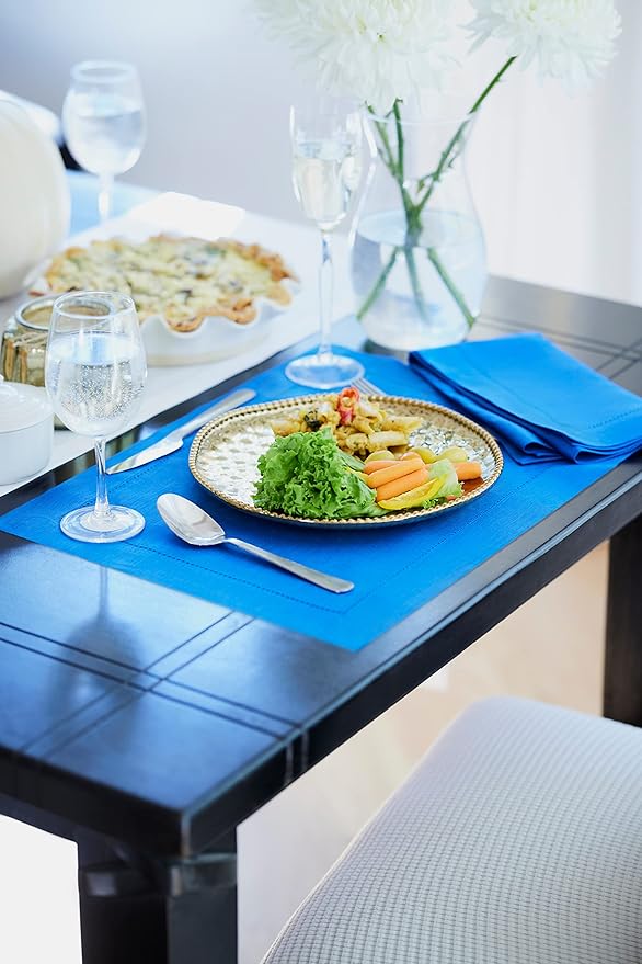 Solino Home Linen Placemats Set of 4 - Classic Hemstitch Royal Blue Placemats 14 x 19 Inch - 100% Pure Linen Table Mats for Holiday, Winter, Christmas